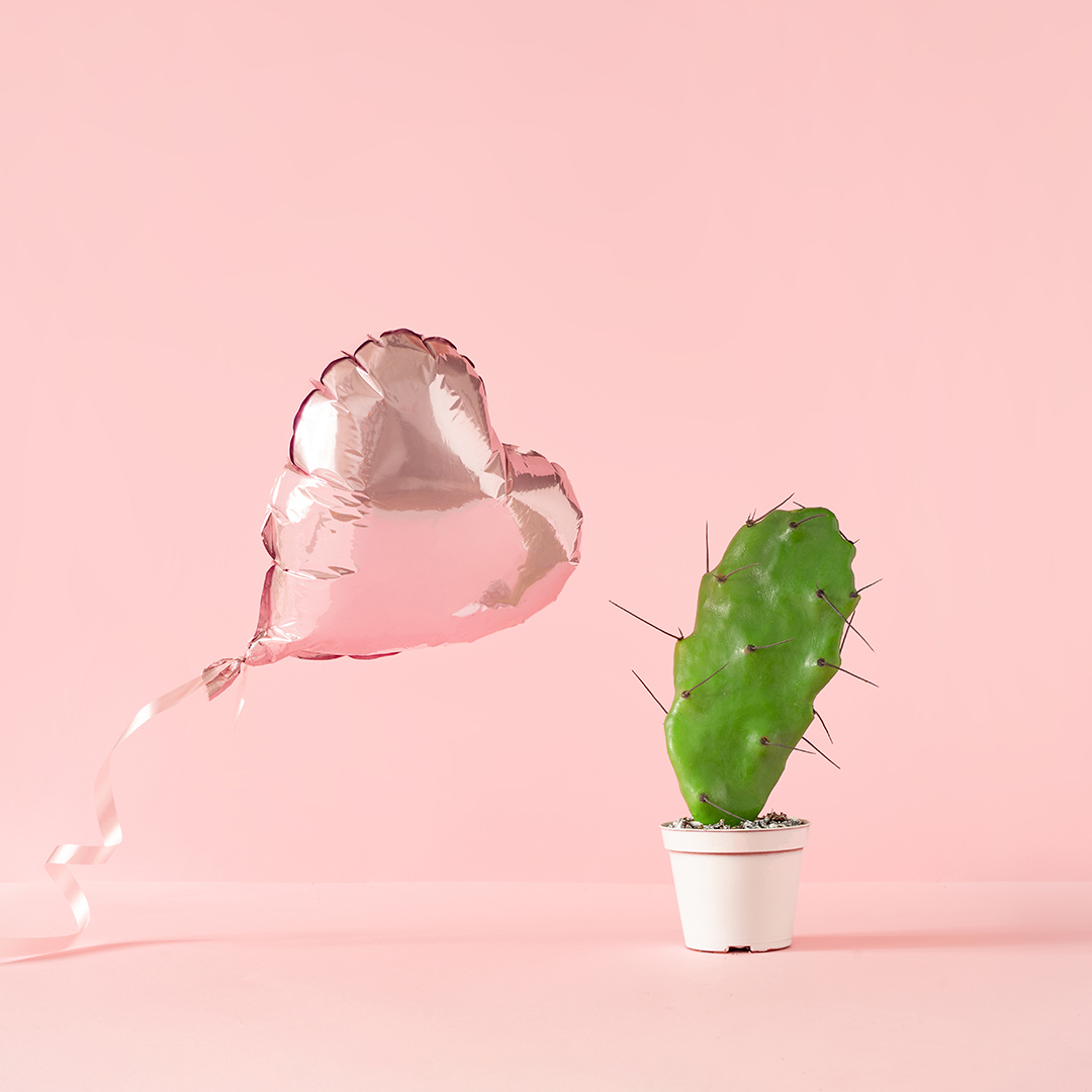Heart,Shaped,Foil,Balloon,With,Cactus,Plant,And,Pink,Background. Heart shaped foil balloon with cactus plant and pink background. Creative Love or valentine concept.